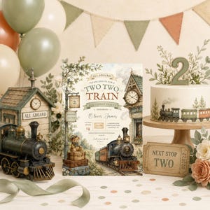 May include: A birthday invitation card featuring a vintage train theme with a teddy bear on luggage, a steam locomotive, and text reading 'All Aboard! Please join us for a Two Two Train Birthday Party honoring Oliver James'.