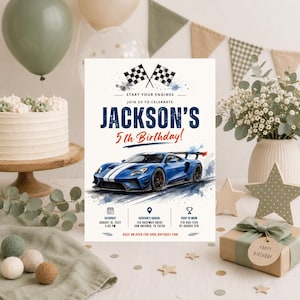 May include: A rectangular birthday invitation card featuring a blue sports car, two checkered flags, and the text: Start Your Engines, Join Us To Celebrate Jackson's 5th Birthday, Saturday August 18, 2027, 2:00 PM, Jackson's Garage, 123 Raceway Drive.