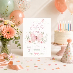 Op de afbeelding: Een rechthoekige verjaardagsuitnodigingskaart met een roze aquarel vlinder, bloemaccenten en de tekst: Please join us to celebrate our little butterfly is turning one, Saturday August 23 2017, from 2:00-4:00 PM, The Smith Residence.
