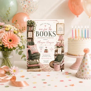 May include: A rectangular birthday invitation card titled Join Us For One For The Books 40th Birthday Celebration Honoring Meagan Harper. The design features a green armchair, stacks of books, a wine glass, and a lamp on a light background.