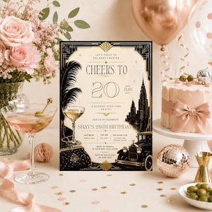 Peut inclure: Une carte d'invitation d'anniversaire rectangulaire au design art déco noir et crème, illustrée d'une voiture ancienne, d'une coupe de champagne, d'une plume et du texte : Cheers to 20 Years, Shay's 20th Birthday, Saturday June 28, 2027, 7:00 PM.