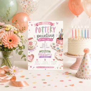 May include: A rectangular pottery painting birthday party invitation featuring pastel illustrations of mugs, paintbrushes, and a palette. The text reads: Join us for a pottery painting birthday party! Paint it. Glaze it. Make it yours! Celebrating Addison's 11th birthday!