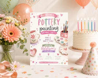 Plantilla de invitación de cumpleaños para fiesta de pintura de cerámica, invitación editable en Canva, invitación para móvil, invitación para manualidades creativas de pintura de arcilla para niñas.