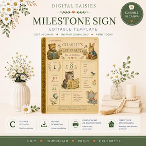 May include: A digital milestone sign template featuring a vintage storybook aesthetic with illustrations of a bear, rabbit, kitten, and elephant. The text includes Charlie's First Chapter, My 1st Birthday, 8 teeth, 30 inches tall, and 22 pounds.