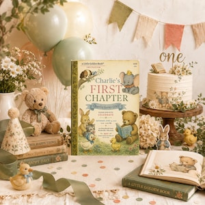 Puede incluir: Una invitación rectangular diseñada como un libro Little Golden Book titulada Charlie's First Chapter, con ilustraciones de un cachorro, elefante, conejo, gatito, patito y oso. El texto incluye detalles para una celebración de primer cumpleaños.