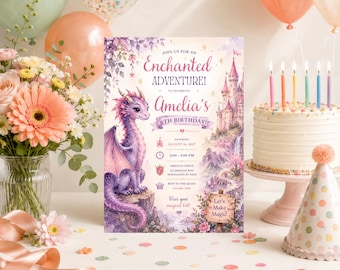 Puede incluir: Una tarjeta de invitación de cumpleaños rectangular con una ilustración de un dragón morado, un castillo rosa y el texto Join Us For An Enchanted Adventure, Amelia's 6th Birthday, Saturday August 16, 2027, 2:00-5:00 PM, Amelia's Castle y Let's Make Magic.