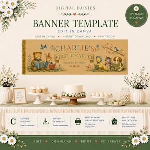 Little Golden Books First Birthday Banner Template, Editable Canva Party Backdrop (Digital Download)
