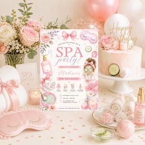 May include: A rectangular spa party invitation card featuring watercolor illustrations of a girl with a face mask, pink towels, a nail polish bottle, and a cucumber slice. The text reads: You're invited to a SPA party! Join us to celebrate Madison's 5th birthday!