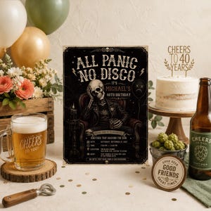 May include: A rectangular birthday invitation card featuring a skeleton in a leather jacket sitting in a chair with the text ALL PANIC NO DISCO, IT'S MICHAEL'S 40TH BIRTHDAY, and event details, displayed alongside a beer mug, cake, and bottle.