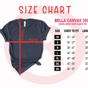 May include: Size chart for Bella Canvas 3001 unisex jersey short sleeve tee. The chart shows sizes XS through 3XL with corresponding chest measurements in inches and length measurements in inches.