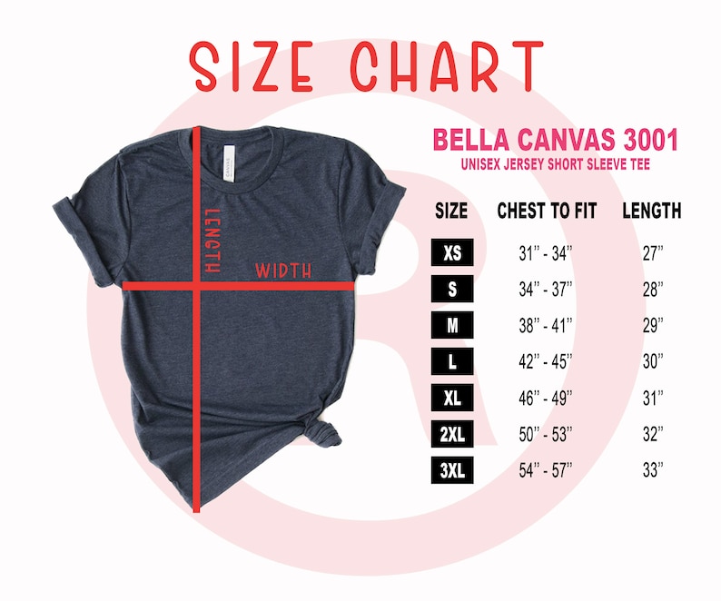 May include: Size chart for Bella Canvas 3001 unisex jersey short sleeve tee. The chart shows sizes XS through 3XL with corresponding chest measurements in inches and length measurements in inches.