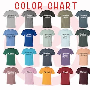 May include: Colour chart displaying 20 different t-shirt colours. The colours are arranged in a grid with the names of each colour listed below the corresponding t-shirt.
