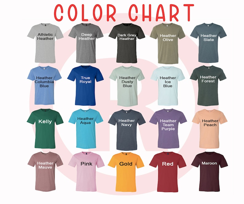 May include: Colour chart displaying 20 different t-shirt colours. The colours are arranged in a grid with the names of each colour listed below the corresponding t-shirt.