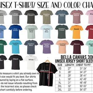 May include: A size and color chart for unisex t-shirts. The chart shows 24 different colors of t-shirts, including athletic heather, deep heather, dark grey heather, heather olive, heather slate, heather mauve, pink, heather columbia blue, true royal, heather dusty blue, heather ice blue, heather forest, gold, red, kelly, heather aqua, heather navy, heather team purple, heather peach, maroon, heather mint, black heather, black, and white. The chart also includes a size chart with measurements for chest, length, and width in inches. The chart is titled "Bella Canvas 3001 Unisex Jersey Short Sleeve Tee".