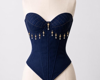 Navy Blue Overbust Corset | Handmade Steel Boned Waist Trainer | Gothic Bustier Top