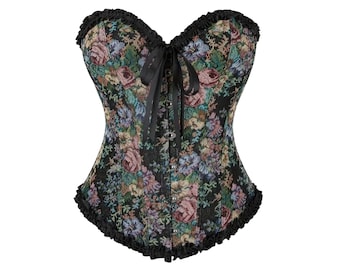 Victorian Floral Overbust Corset, Gothic Tapestry Waist Cincher, Romantic Lace-Up Bustier