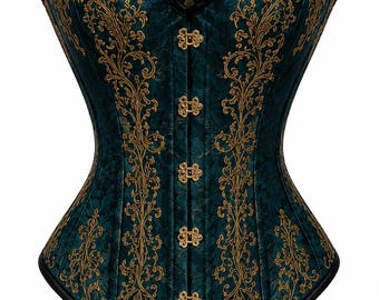 Luxury Peacock Teal Brocade Corset, Victorian Gothic Steel Boned Waist Trainer