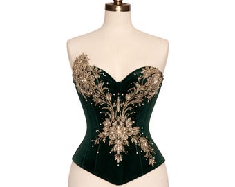 Emerald Green Velvet Overbust Corset | Gold Embroidered Bridal Bustier