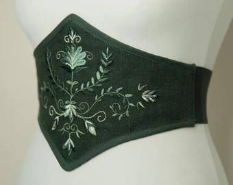 Dark Green Embroidered Victorian Waist Cincher, Floral Botanical Statement Belt