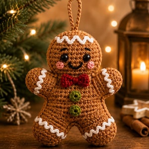 Könnte beinhalten: Ein braunes, gehäkeltes Lebkuchenmännchen-Ornament mit roter Fliege, zwei grünen Knöpfen, weißen Zickzack-Verzierungen an Armen und Kopf sowie einer Aufhängeschlaufe. Die Figur hat schwarze Augen und aufgestickte rosa Wangen.