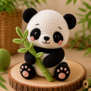 Pode incluir: Um brinquedo de panda feito em crochê com cabeça e corpo brancos, orelhas, manchas nos olhos, braços e pernas pretos. O panda tem bochechas cor-de-rosa, olhos de segurança pretos e segura um caule de bambu verde feito em crochê.