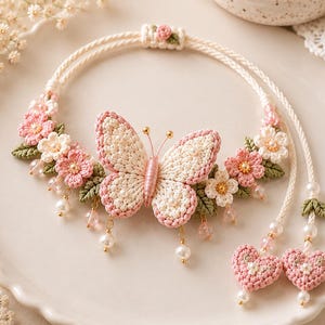 Peut inclure: Un collier en crochet avec un motif central de papillon crème et rose, entouré de petites fleurs roses et blanches, de feuilles vertes et de perles pendantes. Le cordon est crème avec deux breloques en forme de cœur rose aux extrémités.