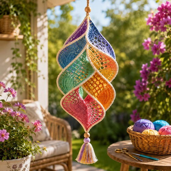 Rainbow Spiral Crochet Pattern PDF | Boho Hanging Ornament Tutorial | Twisted Teardrop Wall Decor | Digital Download | Intermediate