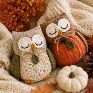 May include: Two crocheted owl figures with closed eyes, one in beige and green and the other in brown and orange, featuring small twine bows and green leaf accents. A small white pumpkin sits nearby on a textured cream-colored fabric surface.