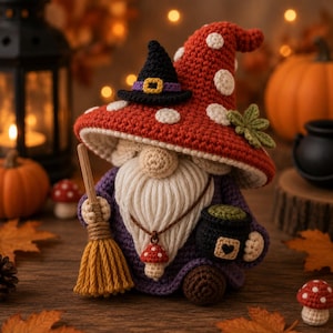 May include: A crochet gnome figure wearing a large red mushroom-shaped hat with white spots and a small black witch hat on top. The gnome has a white yarn beard, a purple body, and holds a small wooden broom and a black mug with a heart icon.