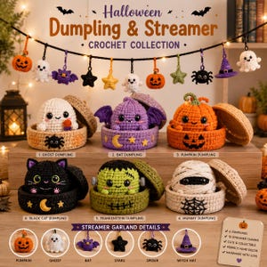 May include: A Halloween crochet collection featuring a garland with ten hanging charms including pumpkins, ghosts, bats, stars, spiders, and a witch hat. Below, six crocheted dumpling figures sit in matching lidded baskets: a ghost, bat, pumpkin, black cat, Frankenstein, and mummy.