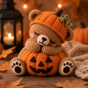 May include: A crocheted brown bear plush toy wearing an orange pumpkin hat with a green stem. The bear is sitting on a crocheted orange jack-o'-lantern pumpkin with a black stitched face. The bear has closed eyes and pink cheeks.