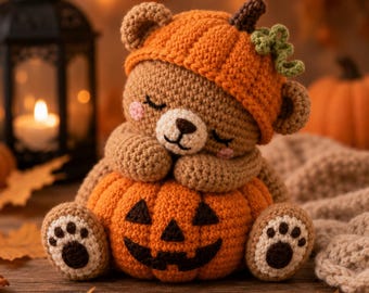 May include: A crocheted brown bear plush toy wearing an orange pumpkin hat with a green stem. The bear is sitting on a crocheted orange jack-o'-lantern pumpkin with a black stitched face. The bear has closed eyes and pink cheeks.