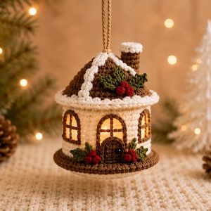 May include: A crocheted house ornament featuring a brown roof with white trim, a cream-coloured body with arched windows, and a brown door. The structure is decorated with green holly leaves and red berries, and it hangs from a tan string.
