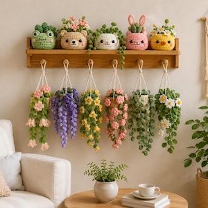 Può includere: Una mensola da parete in legno con sei ganci che sostengono cesti di piante all'uncinetto con vari fiori e rampicanti colorati, sormontata da cinque piccoli vasi all'uncinetto a forma di animale contenenti piante grasse.