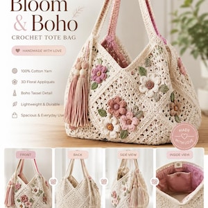 Op de afbeelding: Een crèmekleurige gehaakte tote bag met 3D-bloemapplicaties in roze en witte tinten, groene bladaccenten en een roze kwastje. De tas heeft twee hengsels, een roze voering aan de binnenzijde en een binnenzak met een drukknoopsluiting.