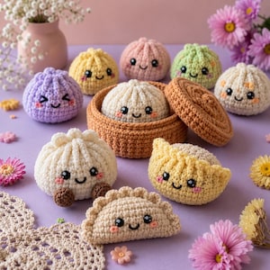 Modèle PDF d'amigurumi de raviolis | Ensemble Kawaii Dim Sum au crochet, panier en bambou et peluche | Niveau intermédiaire | 7-9 cm, téléchargement numérique