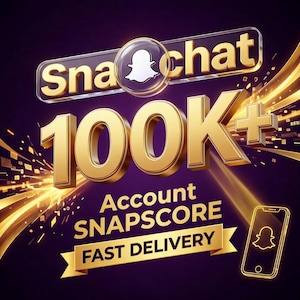 Puede incluir: Un gráfico digital que muestra el texto Snapchat con el icono de fantasma blanco, el texto dorado 100K+ y las palabras Account SNAPSCORE FAST DELIVERY en una cinta dorada. Un contorno dorado de un smartphone con el icono de Snapchat aparece.