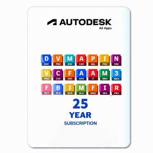 Puede incluir: Una tarjeta rectangular blanca con el logotipo de Autodesk All Apps en la parte superior. Debajo hay tres filas de iconos cuadrados coloridos con letras y abreviaturas. En la parte inferior, el texto dice 25 YEAR SUBSCRIPTION en azul.