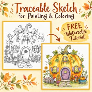 May include: A traceable sketch for painting and coloring featuring a pumpkin house with a door, windows, and foliage. The image includes the text Traceable Sketch for Painting & Coloring and FREE Watercolor Tutorial with a colored version.