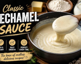 Receta clásica de salsa bechamel / Guía de salsa blanca francesa / Receta casera de salsa cremosa en PDF / Colección de salsas culinarias