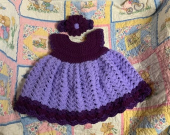 Hand Crocheted Baby Girl Dress with matching Headband size 0-6 months