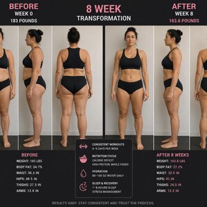 May include: An 8-week transformation graphic showing a woman's weight loss journey. The image displays the woman from the front, side, and back before and after the transformation. The text includes weight, body fat, waist, hips, thighs, and arms measurements in inches and pounds.