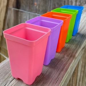 May include: A row of five colorful square plastic plant pots. The pots are arranged in a diagonal line, showcasing a vibrant spectrum of colors: pink, purple, orange, green, and blue. The pots are sitting on a weathered wooden surface.