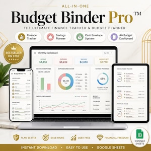 May include: A digital finance tracker and budget planner displayed on a laptop, smartphone, and tablet. The screens show a monthly dashboard with income, expenses, savings, and debt payoff trackers. Text includes Budget Binder Pro and Google Sheets.