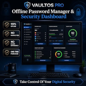 以下が含まれることがあります： Vaultos Proオフラインパスワードマネージャーおよびセキュリティダッシュボードのインターフェースを表示するコンピューターモニター。画面にはデータ分析、パスワードジェネレーター、セキュリティスコアが表示されています。テキストには「100% Offline」、「No Monthly Fees」、「No Cloud Dependency」、「One-Time Purchase」が含まれています。