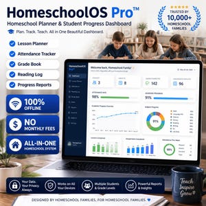 May include: A laptop displaying the HomeschoolOS Pro dashboard, a digital planner and student progress tracker. The screen shows academic metrics, attendance rates, and subject progress charts. The interface includes a sidebar with navigation menus.