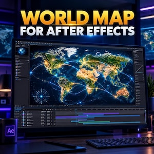 以下が含まれることがあります： After Effectsソフトウェア用のデジタル世界地図インターフェースを表示するコンピューターモニター。画面には、輝く都市の光と飛行ルートが描かれた暗い地図、タイムライン、および「WORLD MAP FOR AFTER EFFECTS」というテキストが表示されています。