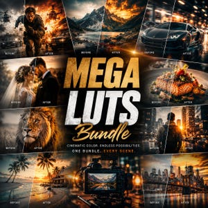May include: A digital product advertisement titled MEGA LUTS Bundle featuring a collage of before and after photo editing comparisons. The images display various scenes including action, landscapes, cars, weddings, food, wildlife, and cityscapes.