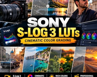 Könnte beinhalten: Ein digitales Produkt für Sony S-Log 3 LUTs mit filmischer Farbkorrektur. Die Grafik zeigt eine Sony-Kamera, eine Person mit Sonnenbrille sowie geteilte Vorher-Nachher-Vergleiche von Landschafts-, Stadt- und Naturfotografien.