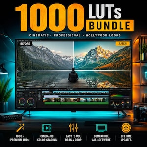 以下が含まれることがあります： 1000個のLUTバンドルを表示するデジタルディスプレイで、分割画面のビデオ編集インターフェースを備えています。画面には山の風景のビフォーアフター比較が表示されています。テキストには1000 LUTS BUNDLE、CINEMATIC、PROFESSIONAL、HOLLYWOOD LOOKSと記載されています。